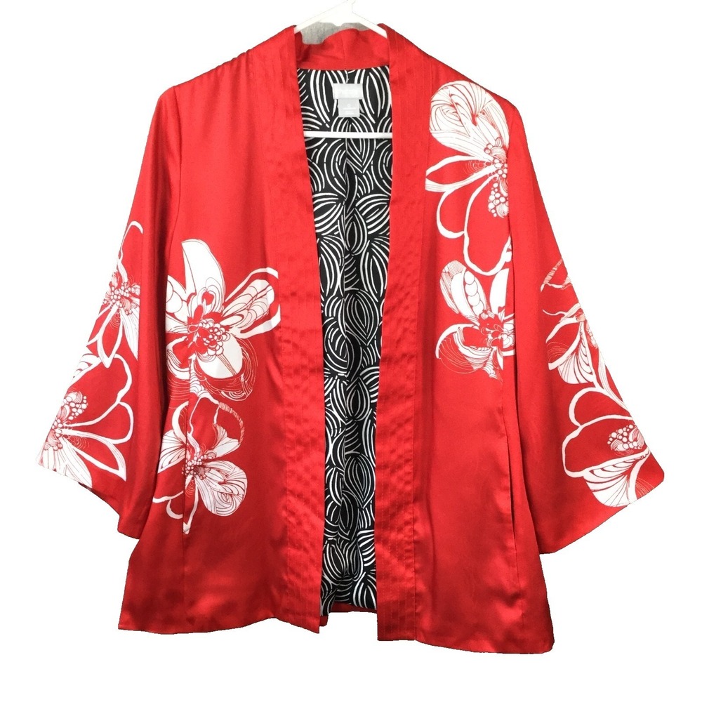 Chicos Kimono Jacket Womens 0 Red White Floral Open Front 100%‎ Polyester 4/6